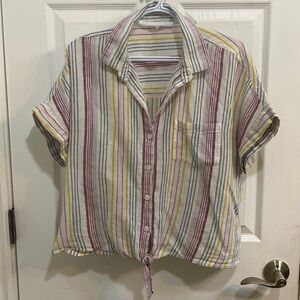 Beach Lunch Lounge Women’s Striped Knot Front Short Sleeve Shirt Size Medium